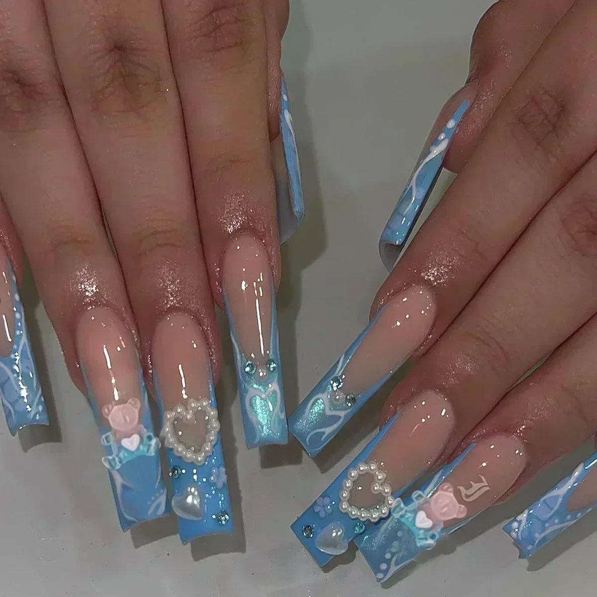 False nails 24Pcs long square press on love pattern design artificial coffin