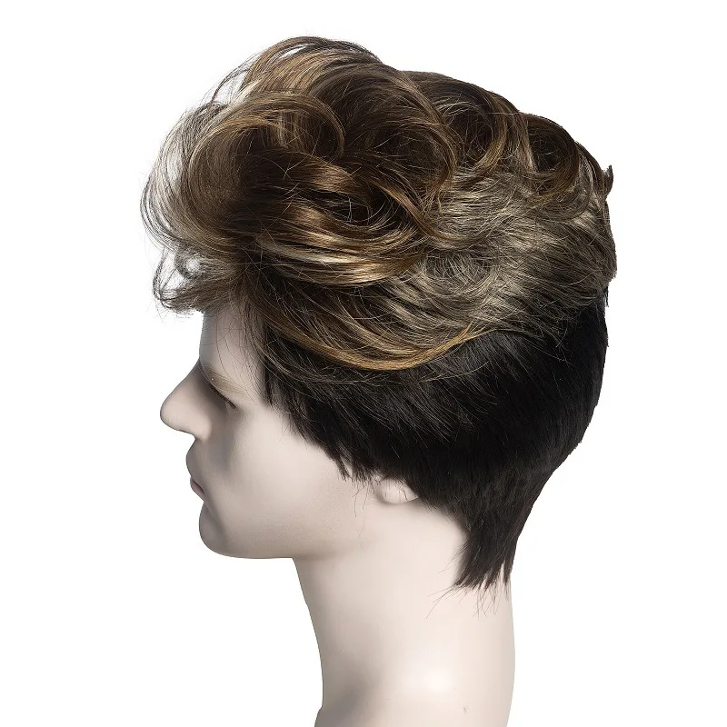 Short Pixie Cut Synthetic Wigs Mixed Brown Curly Layered Wig with Fluffy Bangs for Men Cosplay Daily Heat Resistant Hair