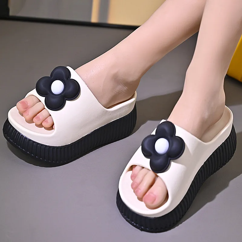 2024 Green flower high platform slippers women's anti odor summer slide shoes college student gilrs increased slipper mules shoe