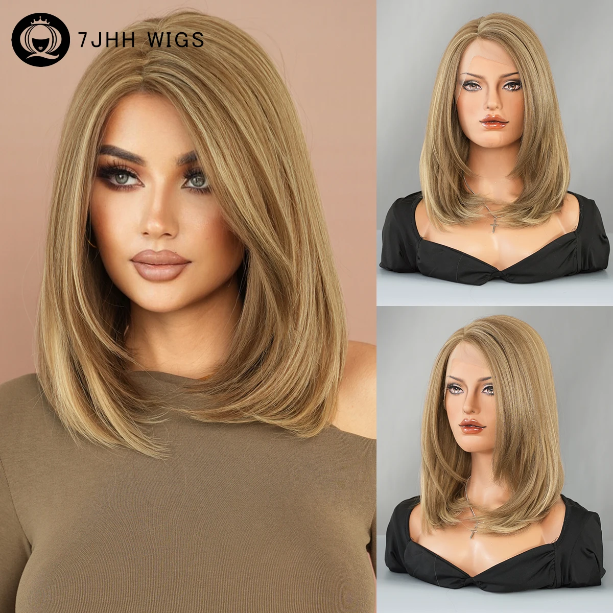 

7JHH WIGS Shoulder Length Lace Front Wig High Density Synthetic Layered Brown Bob Wigs for Women Heat Resistant T Part Lace Wig