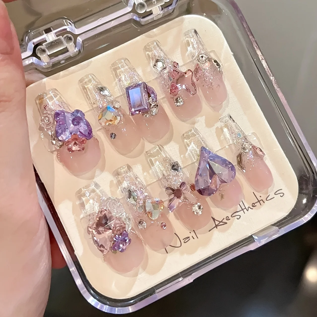 10-Piece Set, Handmade Press-On Nails With Fantasy And Sparkling Rhinestones Design, 3D Glitter Love Accents, Contrast Color,