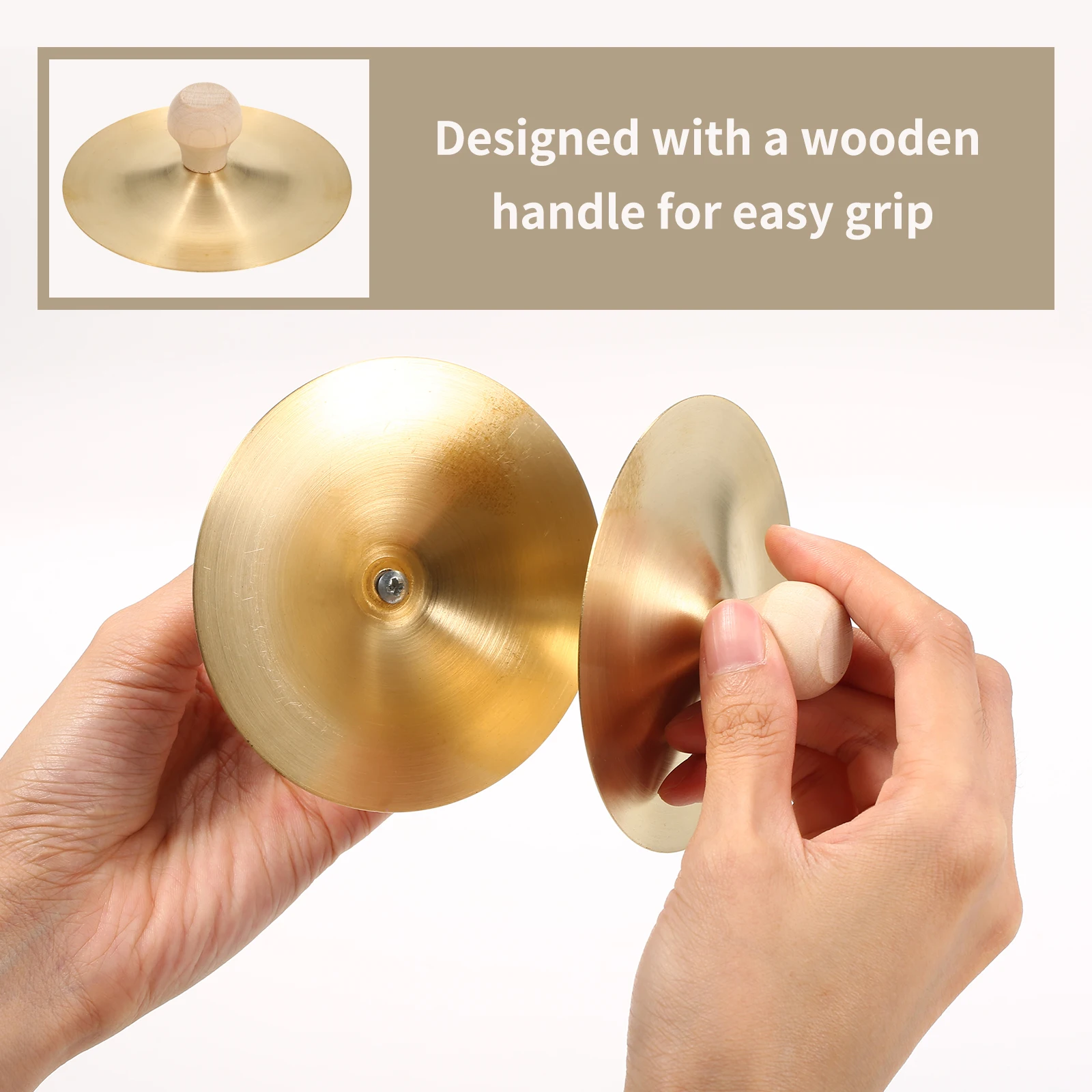 1Pair Copper Cymbal Mini Finger Cymbal 3.5 Inches Wooden Handle Finger Orff Instrument Children Percussion Teaching Aids