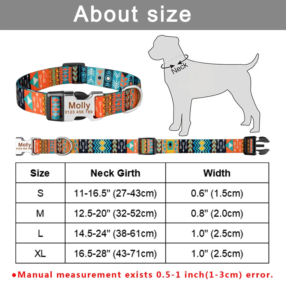 Dog Collar Adjustable Nylon Custom Name Free Nameplate Printed ID Tag Personalized Small Large Medium Pet Engraved