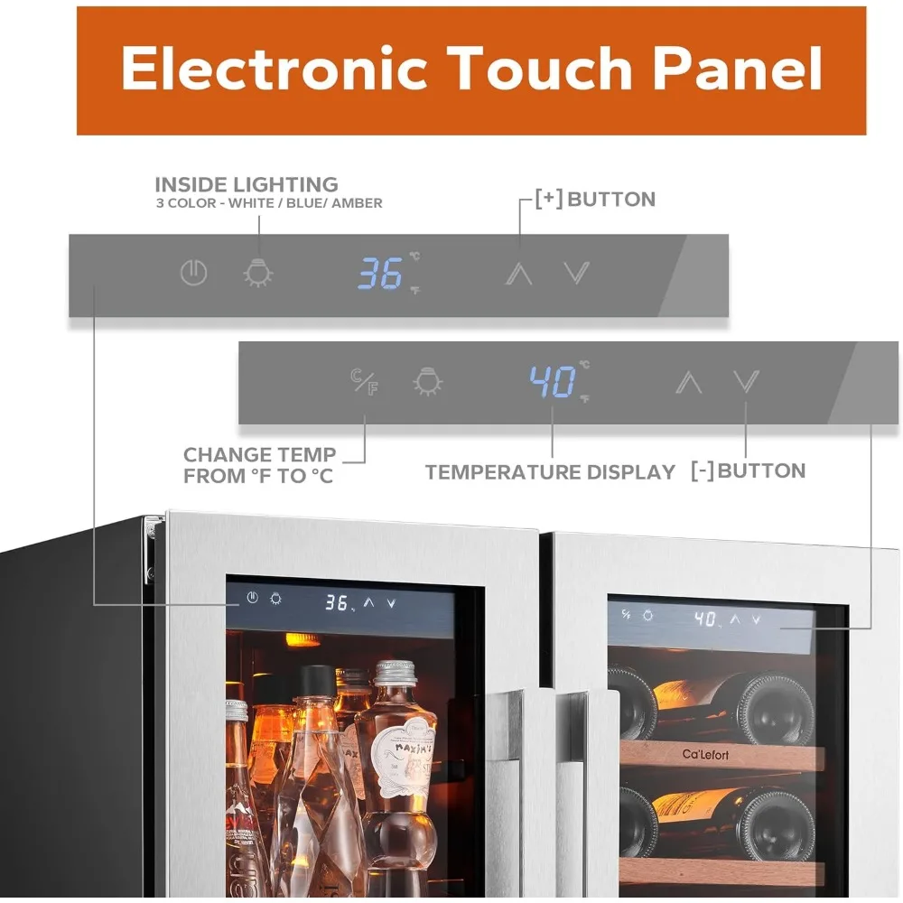 24 inch Dual Zone Drink Fridge with Glass Door, 3 Color LED Lights Wine Cooler for Beer Soda for Home Office Bar Bedroom 2