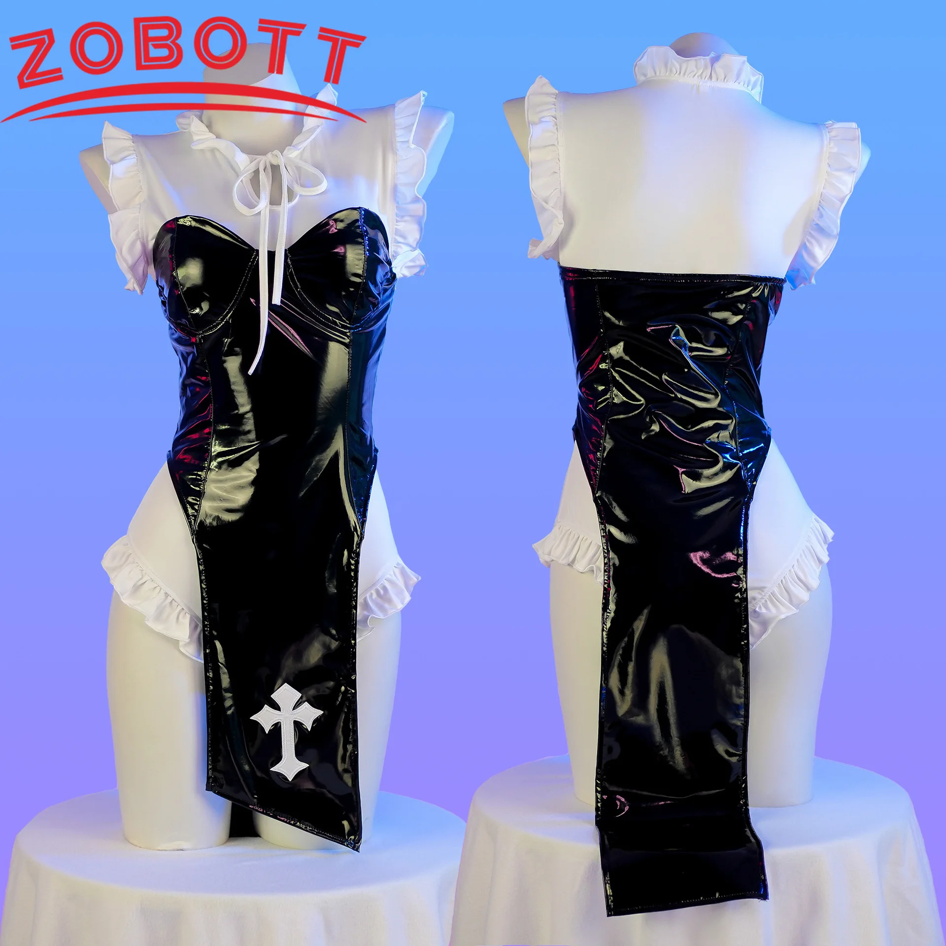 

Прямая поставка, аниме вибрастар сестра, косплей, сексуальное платье монахини из искусственной кожи с высоким разрезом, белое боди с оборками, комбинезон, костюм на Хэллоуин