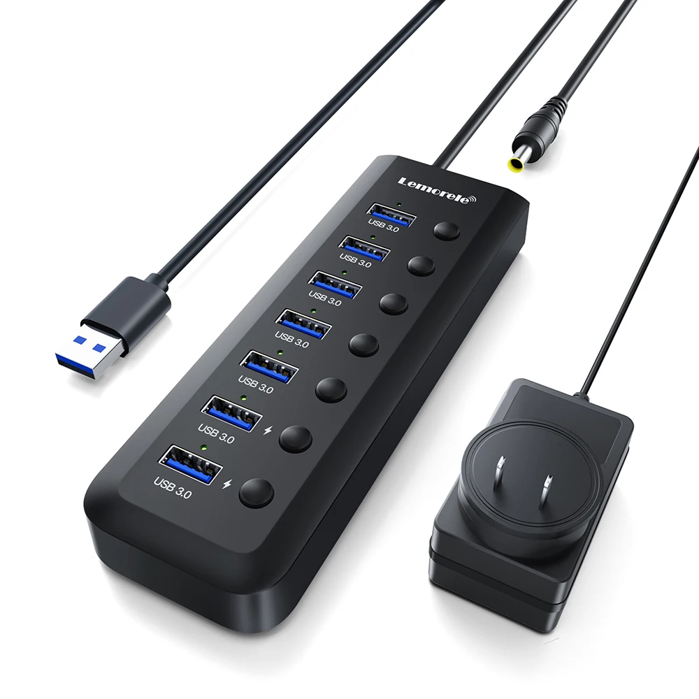 Lemorele Tc111 Hub Usb 7 Porte Usb 3.0 Extension 5Gbps Usb-A E 2 Usb-C Porte Dati Interruttori On/Off Individuali Adattatore Di Alimentazione 5V