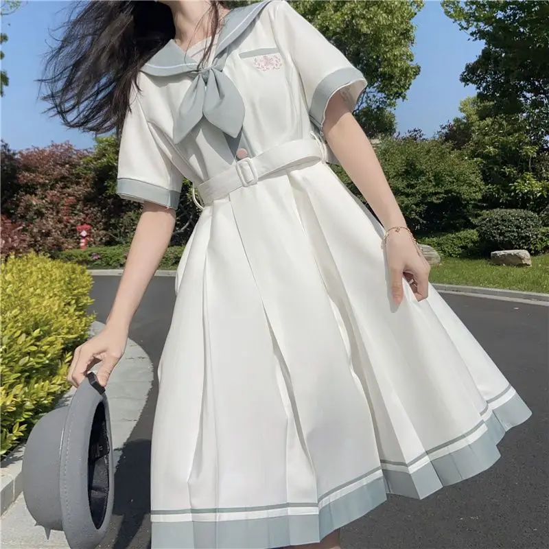 

Spot Preppy Style Summer Sweet Sailor Collar Bowknot Embroidered Dress Female Student Mid-Length Slimming A- line Skirt