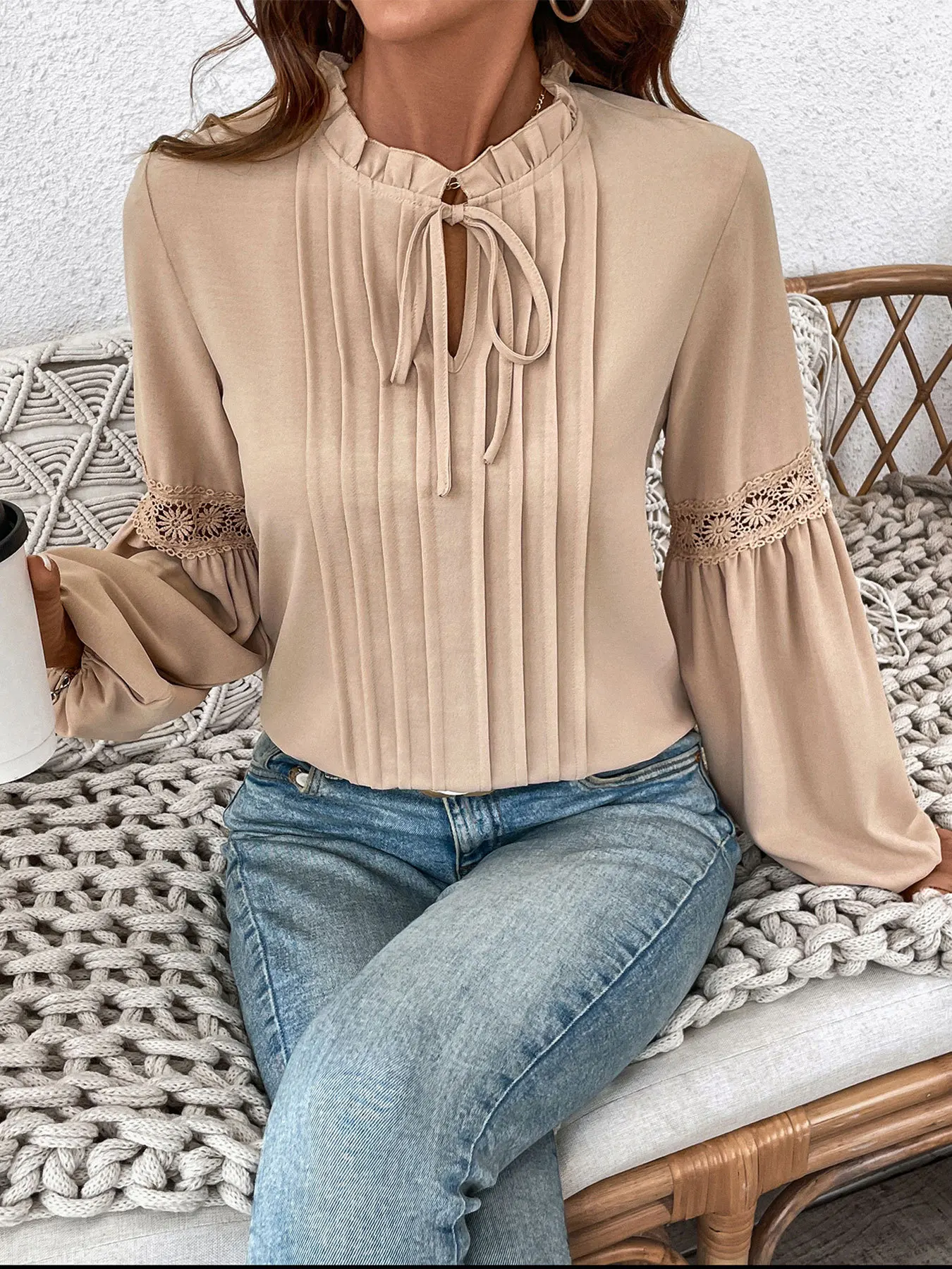 Detailed lace sleeve design on Marley khaki blouse