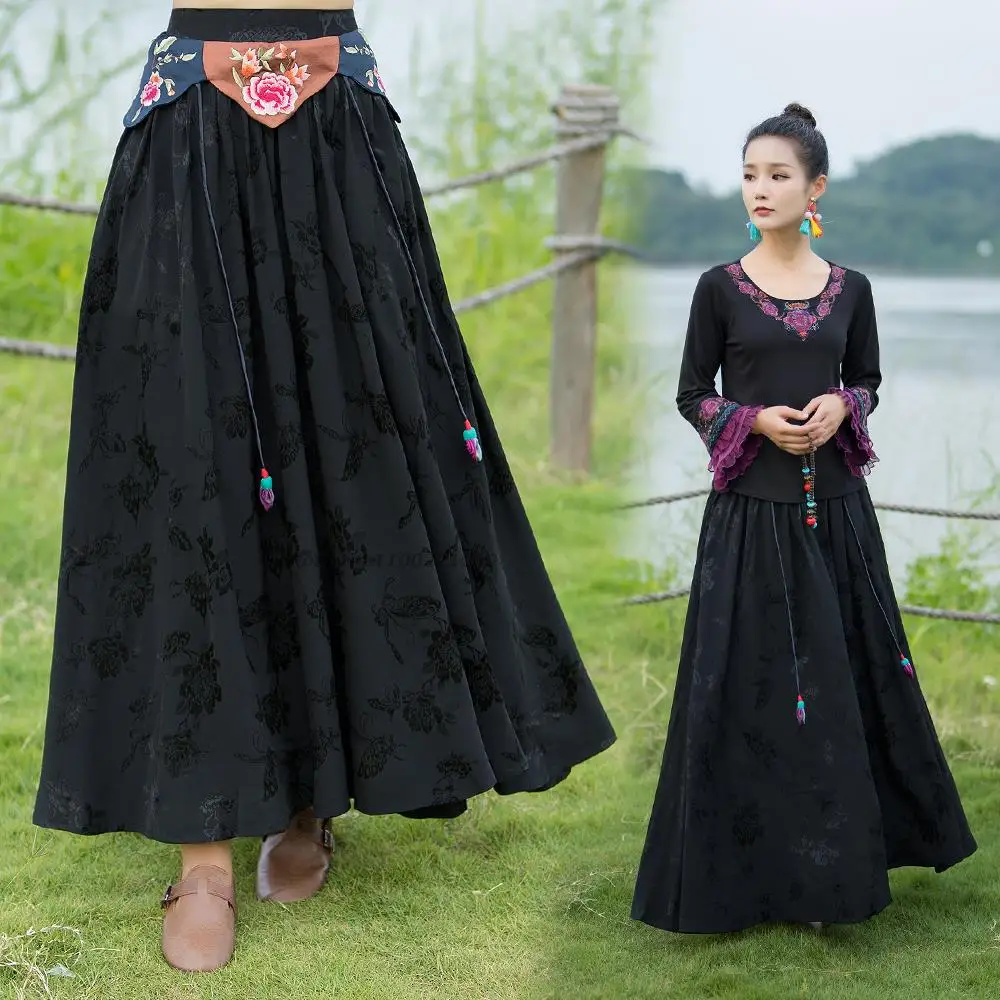Chinese Vintage Embroidery Skirts Chinese Long Skirt Woman Chinese Tradition Skirt Bottoms