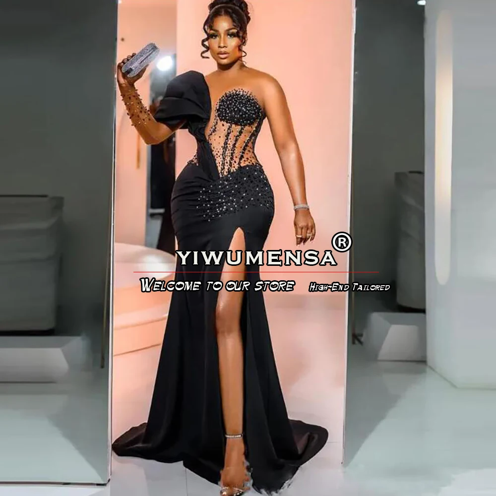 

Illusion Mermaid Prom Dresses Plus Size Black Chiffon High Split Evening Gowns With With Detachable Train For Black Girls Dress