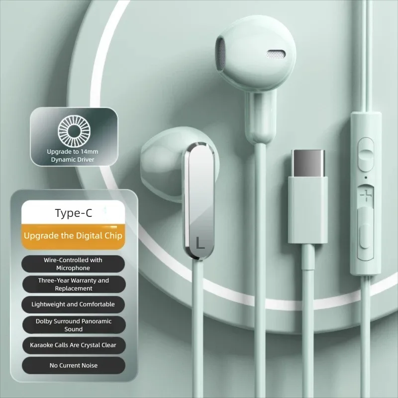 USB Type C HiFi Bass Stereo Wired Earphones with Volume Control