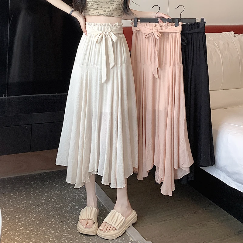 

French Chic Sweet Long Skirts for Women Irregular A-line Lace-up Bow Female Maxi Skirt Ladies Elegant Pleated Skirt Dropshipping