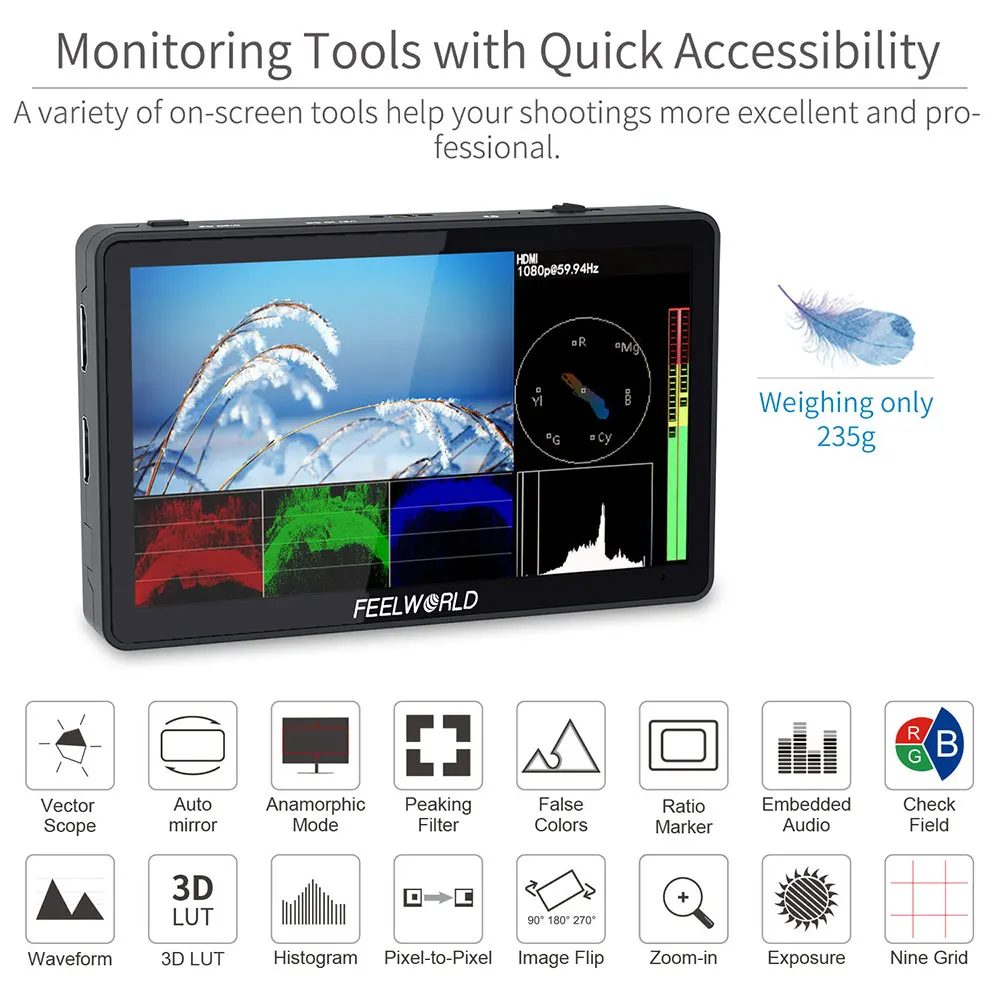 FEELWORLD F6 PLUS V2 6 Inch 4K HDMI Camera Field Monitor 3D LUT Touch Screen IPS Full HD 1920X1080 Waveform for DSLR Camera images - 6