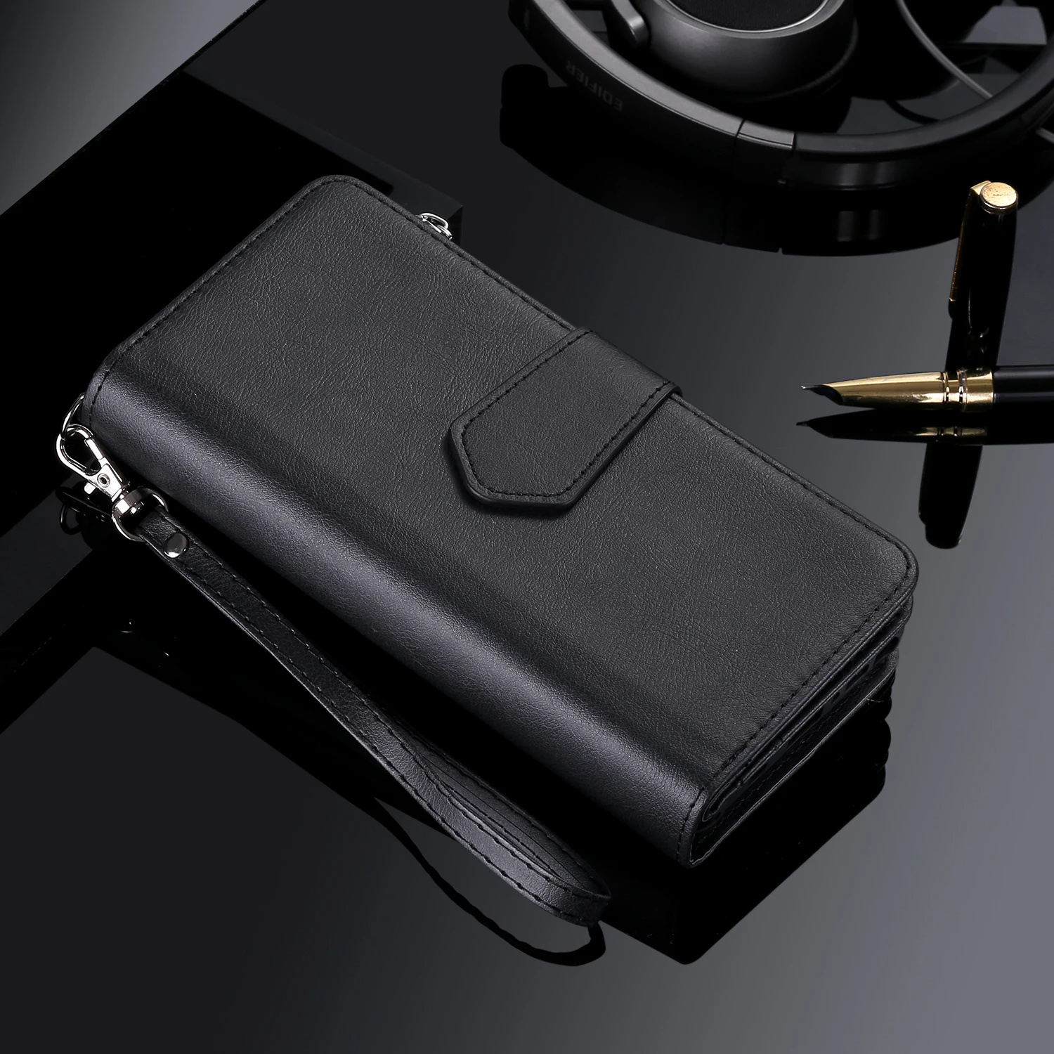 Zipper Leather Wallet with Magnetic Detachable Case and Card Slot Cover