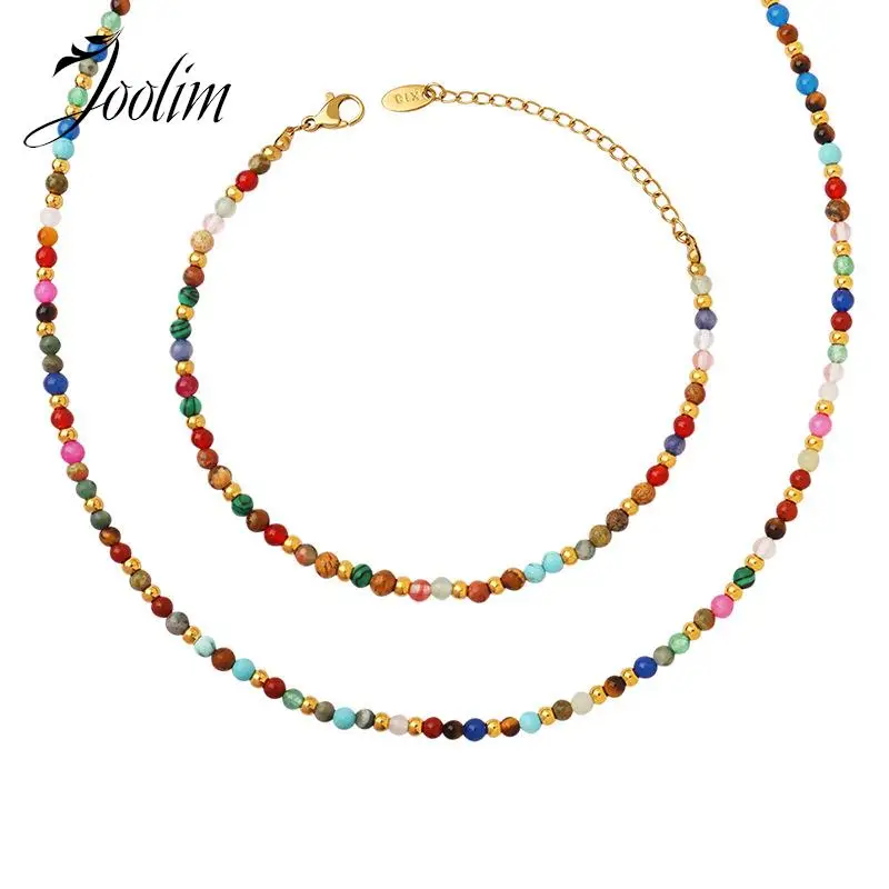 

Joolim Jewelry Wholesale Waterproof Bohemian Personality Colorful Natural Stone Beaded Stainless Steel Necklace for Women