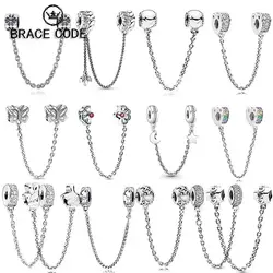 BRACE CODE Original Silver Color Charm Sparkling Moon & Star With Crystal Safety Chain Clip Beads Fit Fine Bracelet DIY Jewelry