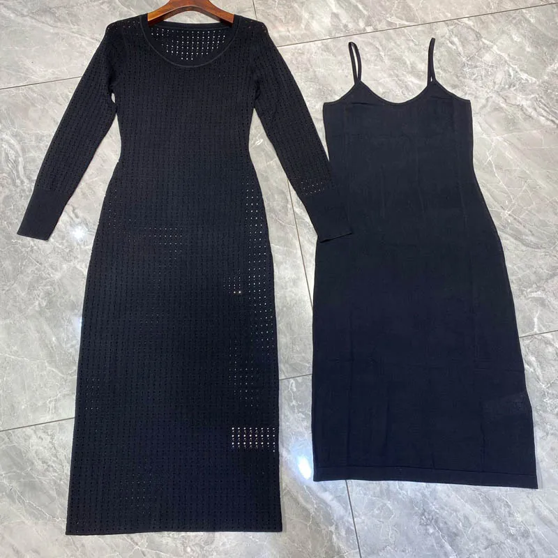 

11.21 Women Fahion Sexy Hollow Out Crew Neck Long Sleeve Sheath Solid Color Knitted Dress With Strap Lining
