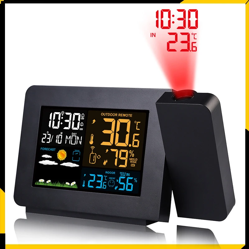 

Projection Weather Station Clock Outdoor/Indoor Thermometer Weather Forecast Temperature and Humidity Digital Alarm Clock