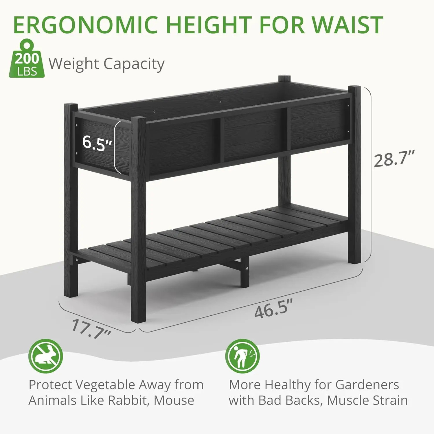 BONA Raised Garden Bed with Tools, 47*18*29 in, Poly Elevated Planter Box with Legs And Storage Shelf, Weather Resistant, 3- 3