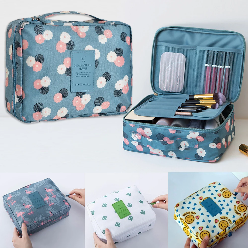  Bolsa de maquillaje de viaje para mujer, bolsa de cosméticos de  gran capacidad, impermeable, a cuadros, portátil, de piel sintética,  organizador de brochas de maquillaje, bolsa de almacenamiento con divisores  y