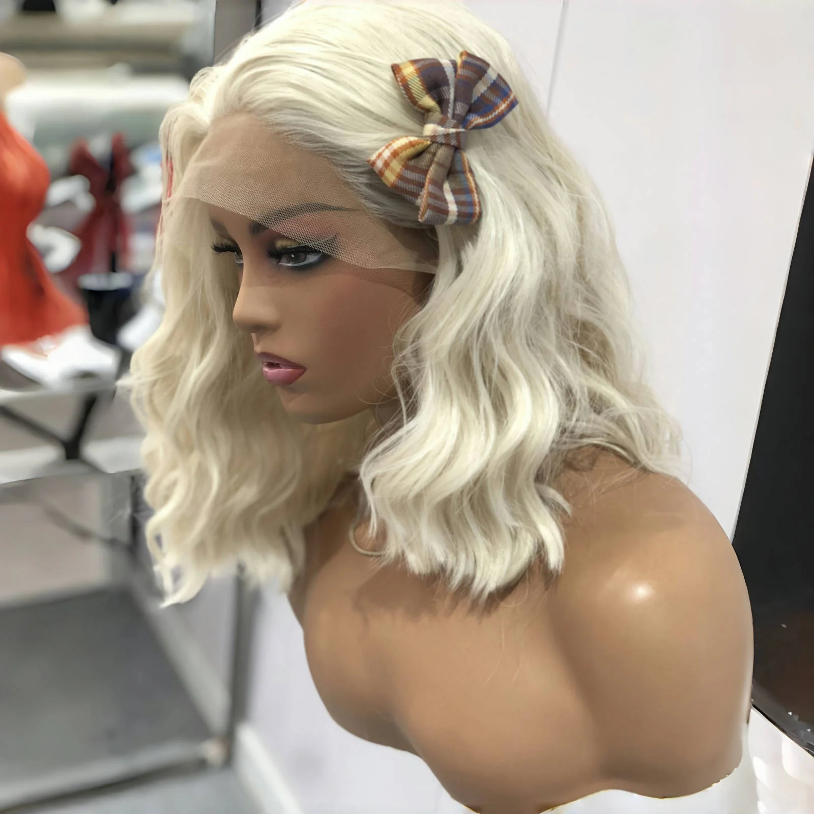 Platinum Blonde Bob Hair Wig Synthetic Lace Front Wig Short Curly Wigs for Women Glueless Wavy Blonde Lace Front Bob Wigs synthetic wig