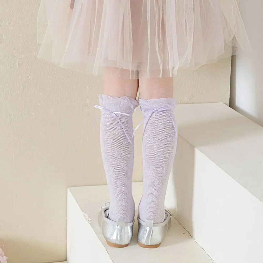 Cute Sweet Children Mid-Tube Hosiery Ribbon Bow Princess Lolita Lace Stockings Cotton Solid Color Balletcore Socks Kids