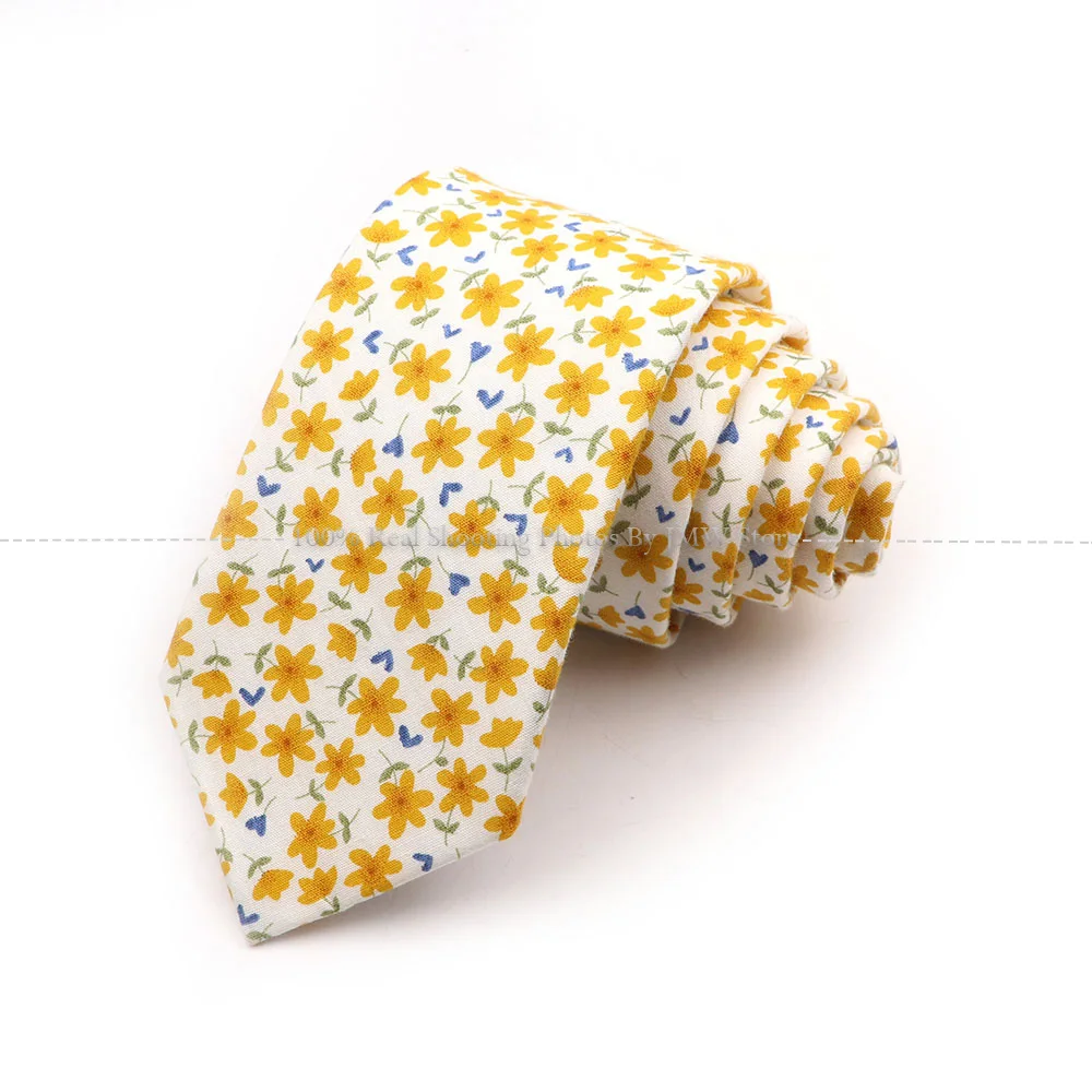 Men's Casual Chic Floral Neck Tie Mustard Yellow Cotton Elegant Tie Wedding Party Suit Collar Flower Necktie Gravata Accessories