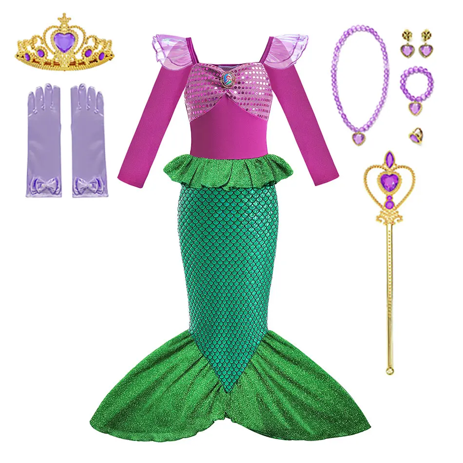 thumbnail image 1 of Disney-traje de baño de cola de sirena para niña, conjunto de Bikini con corona, traje de baño para fiesta de natación, disfraz de sirena, 1 of 5