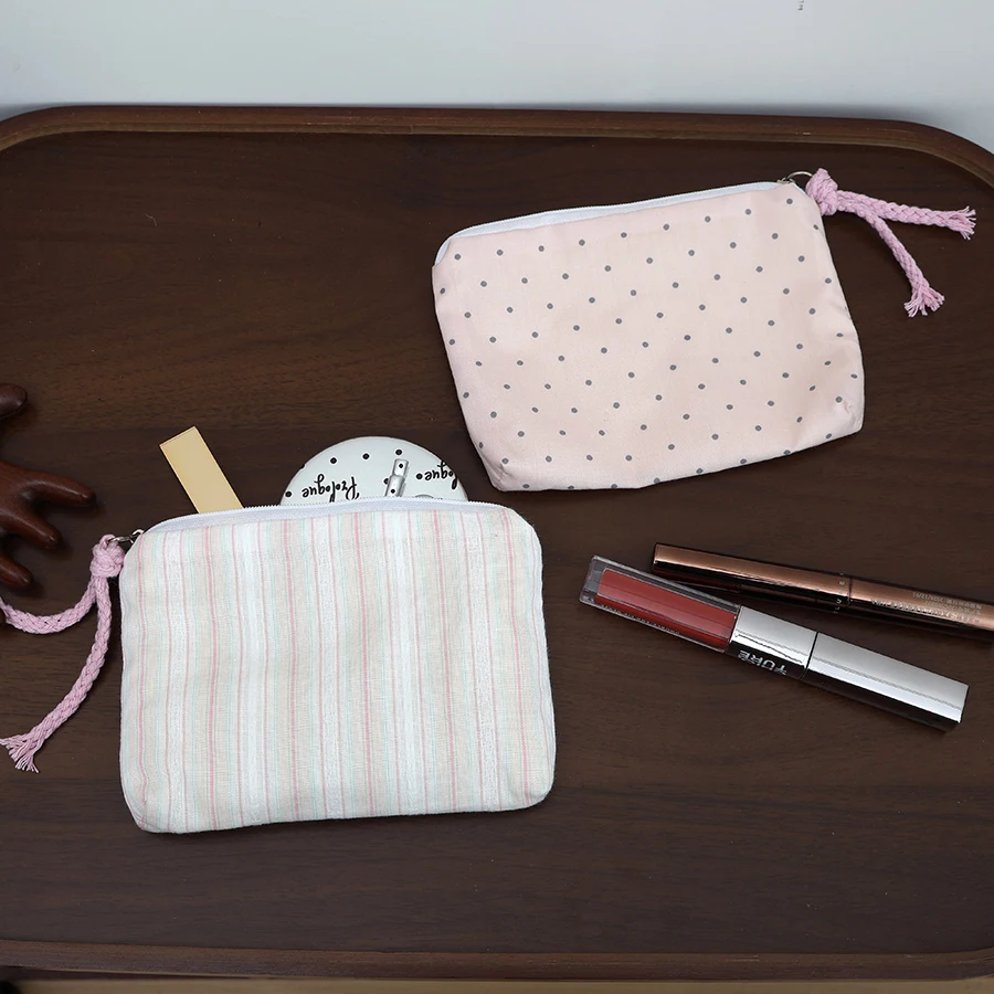 Chic Pink Striped Makeup and Accessories Bag