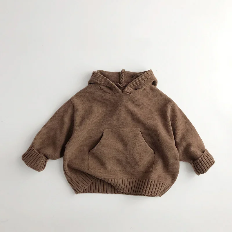 Children's Sweater kids sweater kids coat Front Pocket Fine Knit Boys Girl Sweaters Hoodie Knit Pullover Loose Style Girl Hooded Toddler Knitwear
