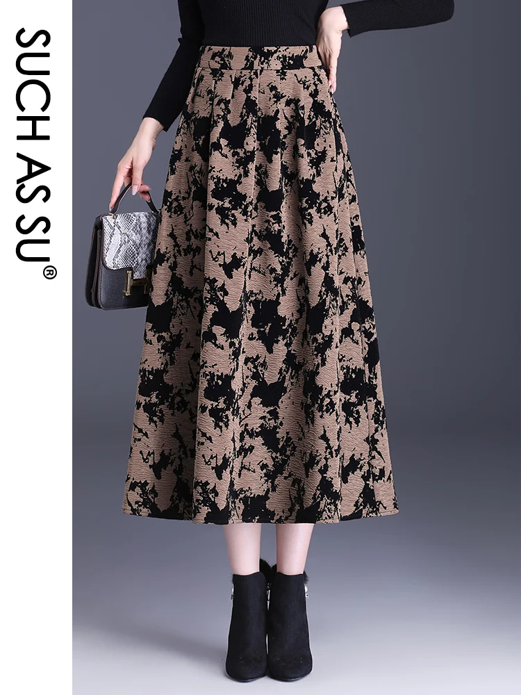 SUCH AS SU Spring Autumn High Quality Womens Jacquard Pleated Skirts Female Black Coffee High Waist S-3XL Mid Long Skirt Female inman women corduroy skirt 2023 autumn elastic high waist a shape loose pleated design fashion elegant olive green coffee skirt