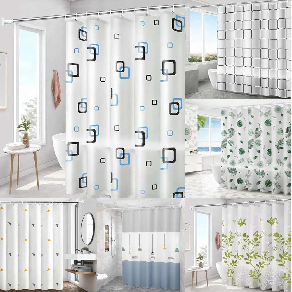 

Modern Minimalist Small Blocks Shower Curtain with Hooks Bathroom Partition Curtain Waterproof Bath Curtain and Anti-mold