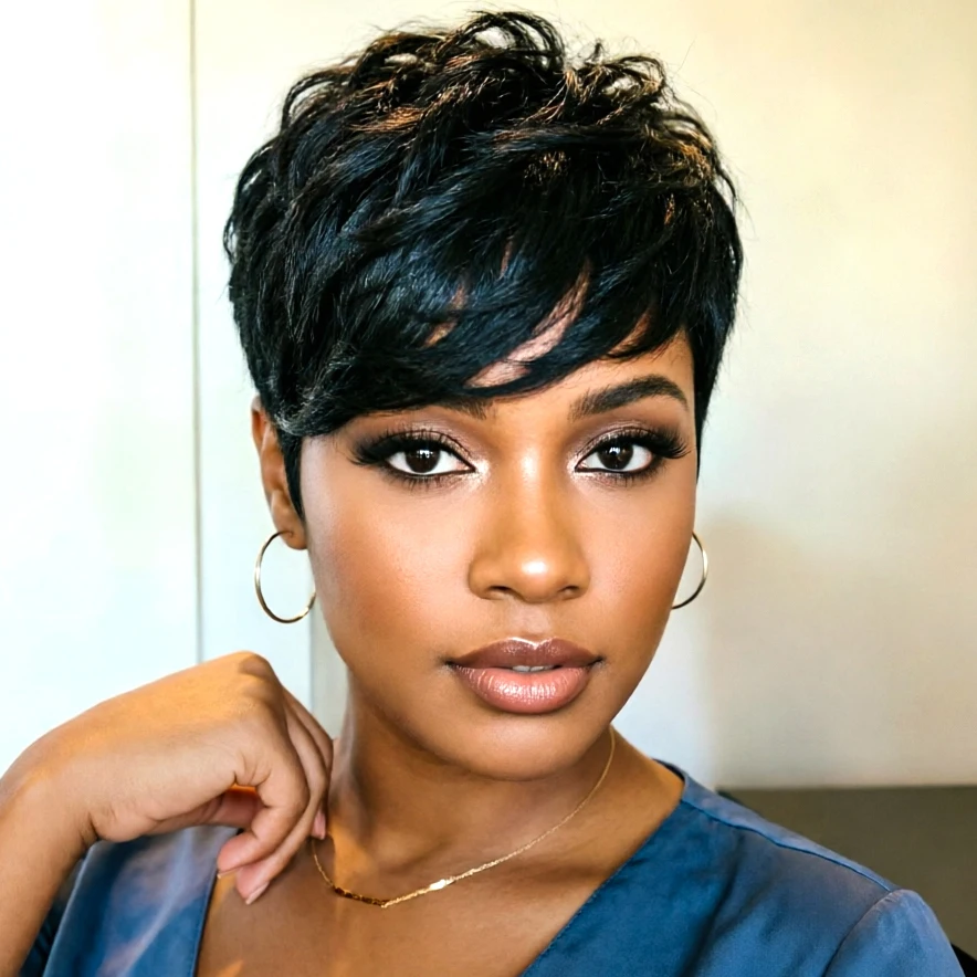 Parrucca Pixie Cut in Capelli Umani, Parrucca Corta a Strati per Donne, Capelli Umani Brasiliani, Interamente Realizzata a Macchina - immagine 3