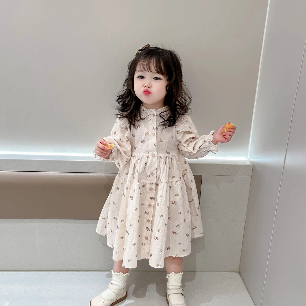 

Kids Spring Autumn Long-sleeved Dress 2023 New Korean Children's French Floral Princess Dresses for Girl Cute Baby Girl Clothes