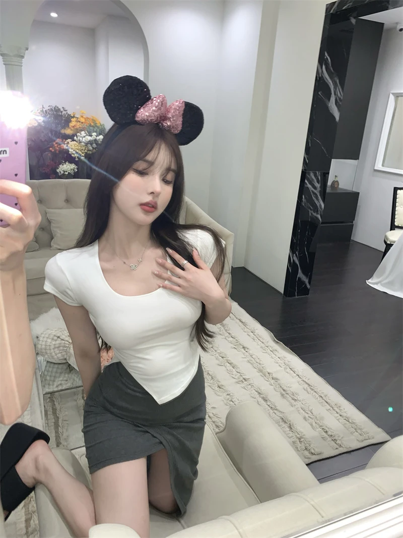 Summer Korean Fashion Y2K T-shirt Woman Japane Crop Top U-neck Split Sexy Red Pink White Tee Shirt Women Vintage767_voghion.com