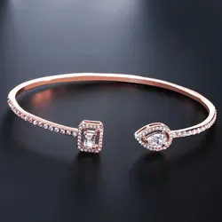 Elegant Gold Geometric Cuff Bangle with Cubic Zirconia (Rose Gold)