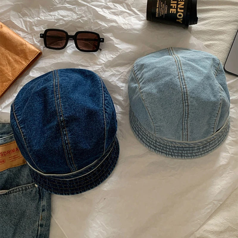 Ins Popular Retro Denim Short Brim Bucket Hats for Women and
