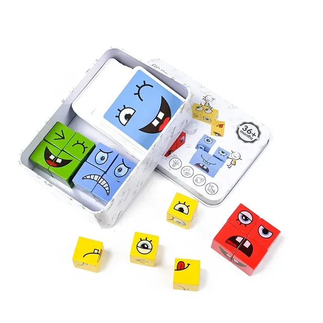 Cube Face Change Building Blocks Board Game Wood Puzzle Montessori Expression Wooden Blocks Blocos for Children Kids Toys Gift 4