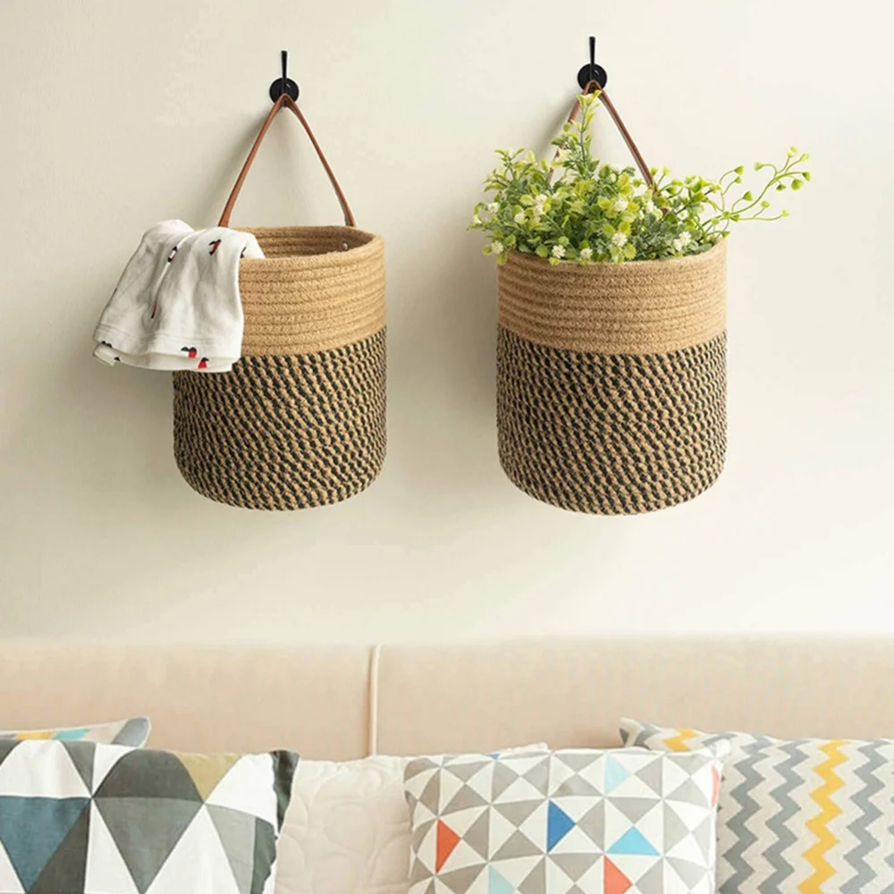 Wall Hanging Flower Basket Cotton Rope Woven Storage Basket Home Wall Decoration Container Kitchen Utensils Storage Organizer