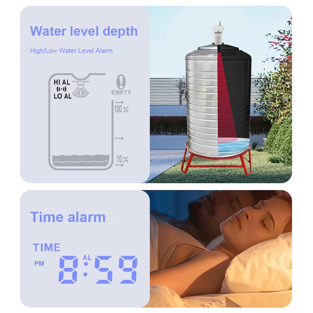 Wireless Ultrasonic Water Level Indicator Gauge W/ Temperature Sensor Time Display Ultrasonic Tank Liquid Depth Level Meter