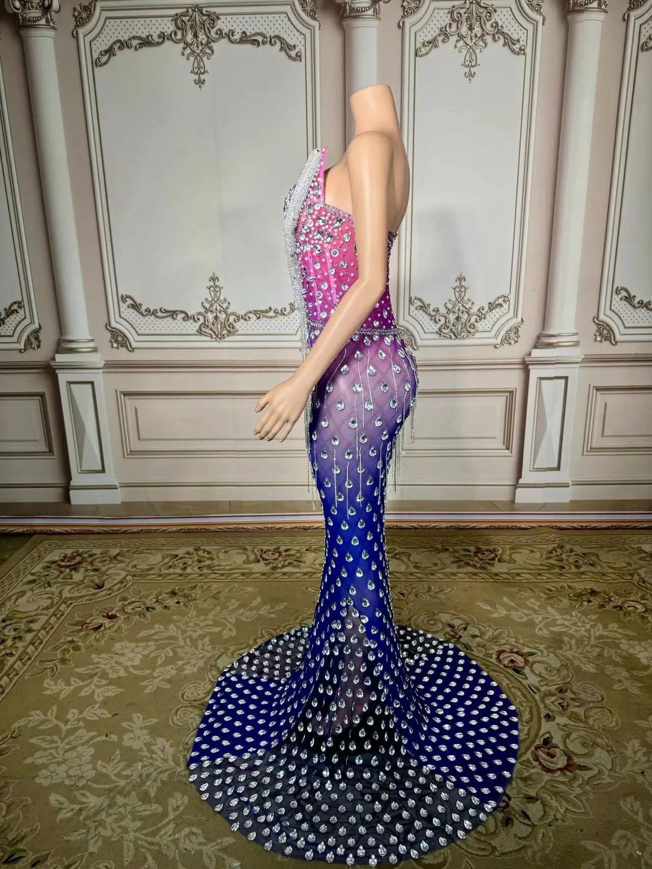 Sexy Sparkly Multicolor Rhinestones Sleeveless Mesh Transparent