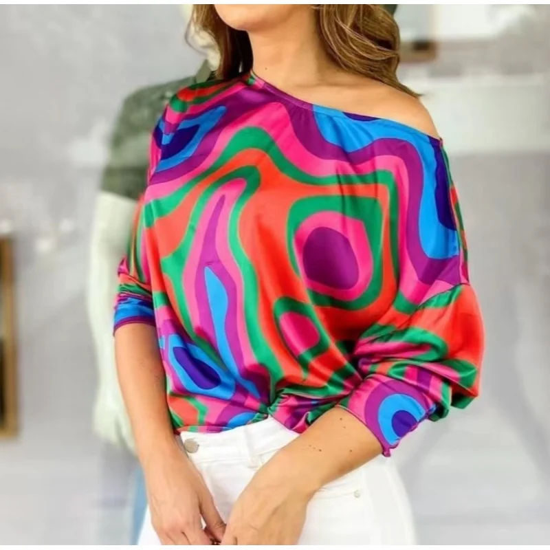 

Loose printed long sleeve women's shirt 323 spring autumn off shoulder striped boho large size pham 5XL