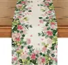 Spring Leaves Pink Flowers Linen Table Runner Holiday Party Decor Farmhouse Kitchen Dining Table Runner Mother's Day Decorations 1