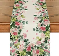 Spring Leaves Pink Flowers Linen Table Runner Holiday Party Decor Farmhouse Kitchen Dining Table Runner Mother's Day Decorations 1