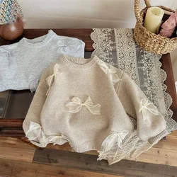 Korean Children's Autumn Princess Bow Sweater - Sweet & Stylish - 140(8-10Years) (Khaki)