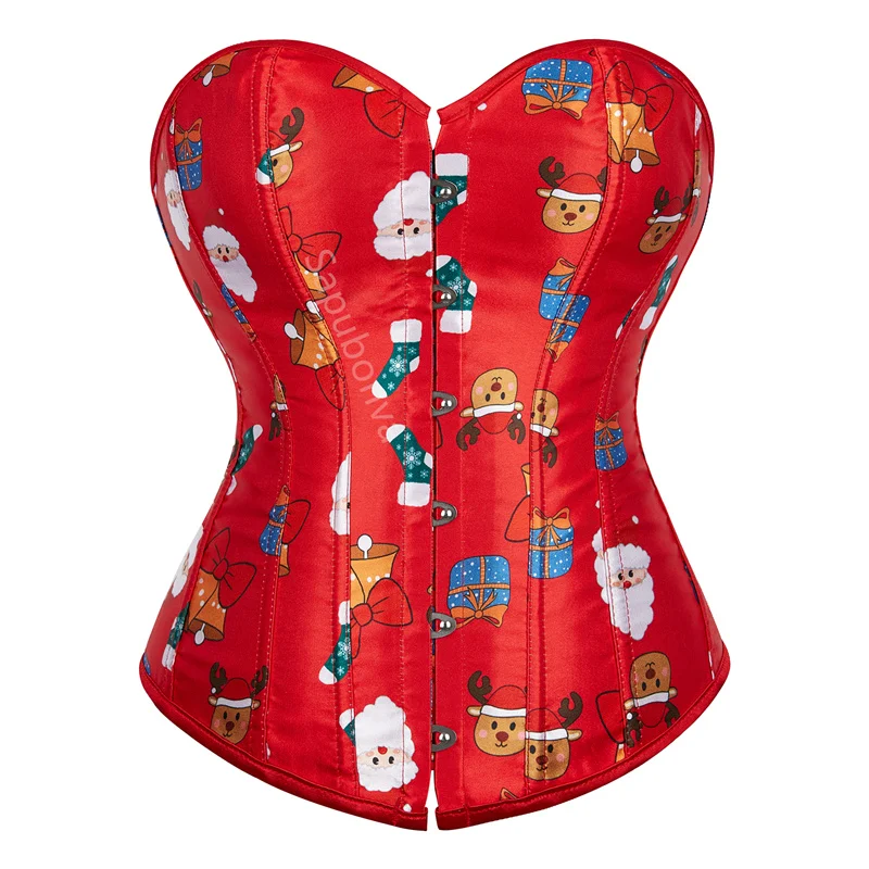 Women's Christmas Santa Corset Bustier Costume Sexy Lingerie Top White Feathers Corselet Overbust Plus Size Sexy Red Burlesque