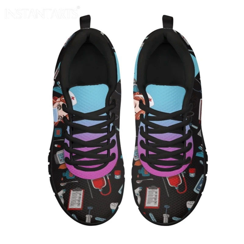 INSTANTARTS New Style Women Lace up Sneakers Casual Nursing Flat Shoes Breathable Soft Medical Print Running Shoes for Femme