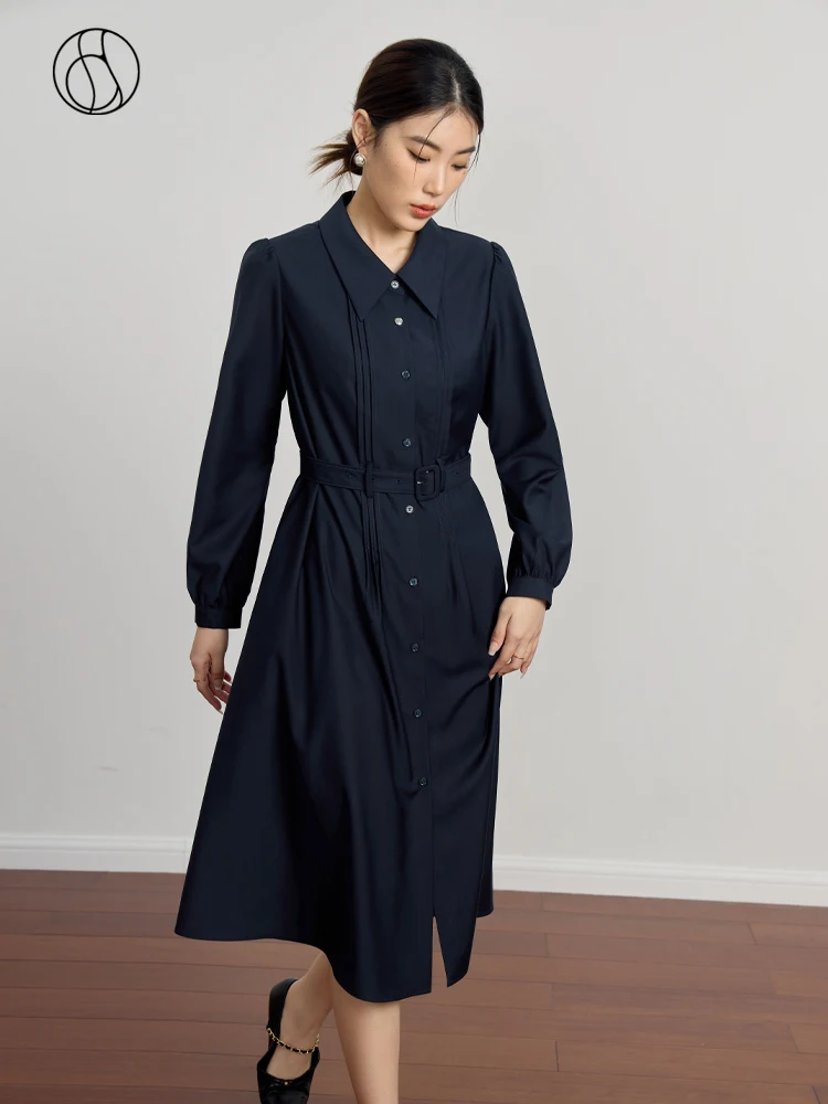 

DUSHU Polo Neck Belt Decoration Women Dark Navy Blue Long Dress Single Breasted Design Women Autumn Long Sleeve Shirt Dresses