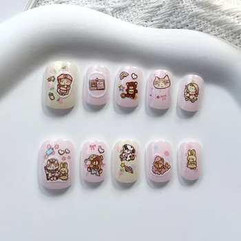10Pcs Spring Cute Cat Childlike Short Round Head Press On Nail Korean Style Nail Art Soft and Funny Girlish Sweet Nail Stickers 1