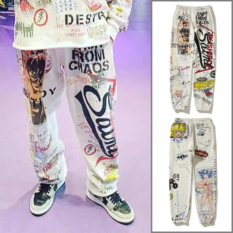 

Винтажные повседневные мешковатые штаны Saint Michael с мультяшным граффити ручной росписи для мужчин, спортивные брюки, мужские брюки оверсайз